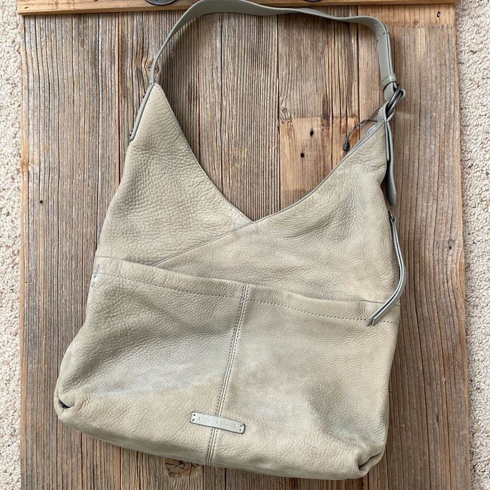 Lucky Brand Sage Green Hobo Pebbled Leather Shoulder Bag.